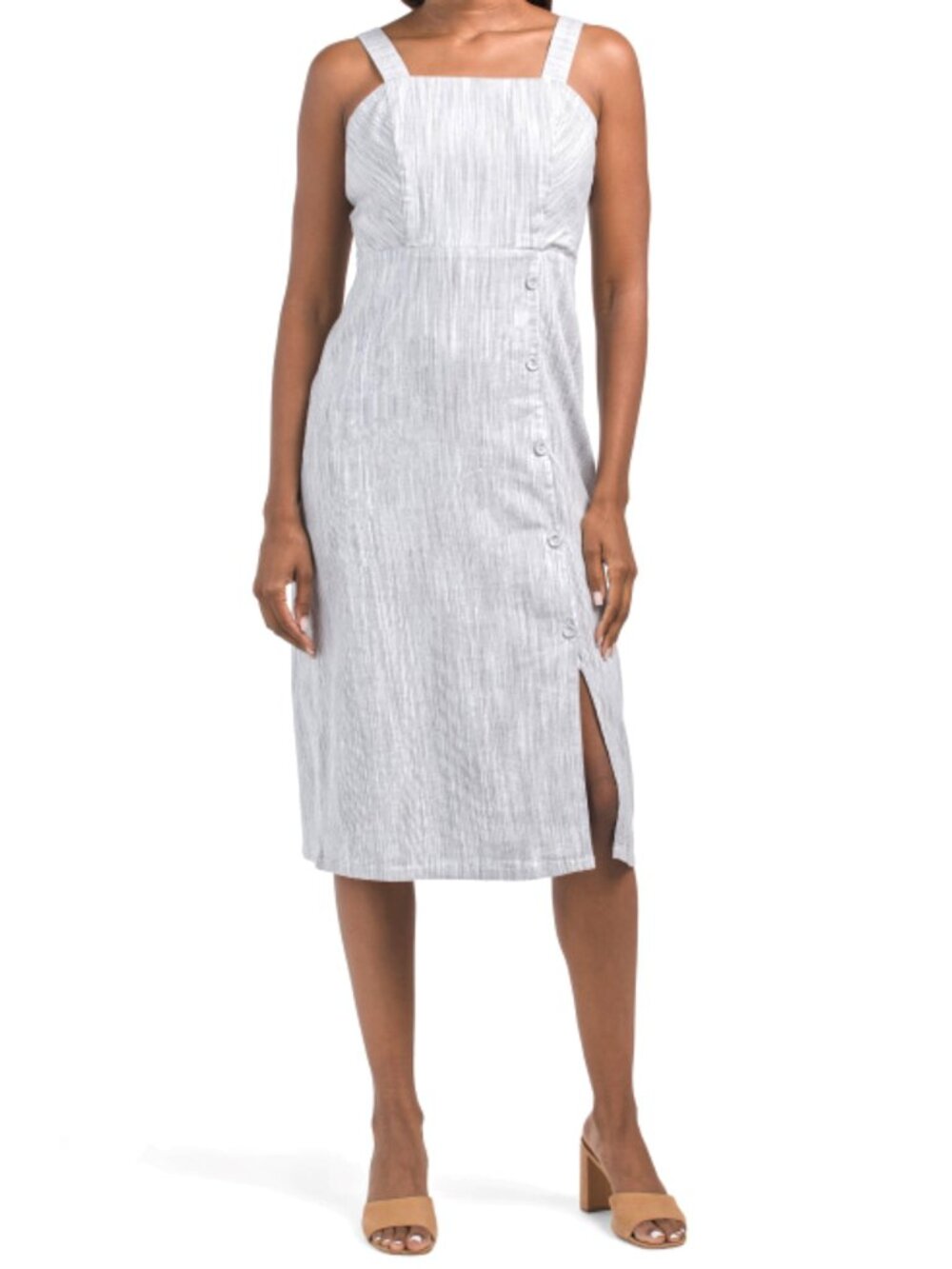 NWT Tahari Women's Linen Blend Strappy Front Slit Striped Midi Dress